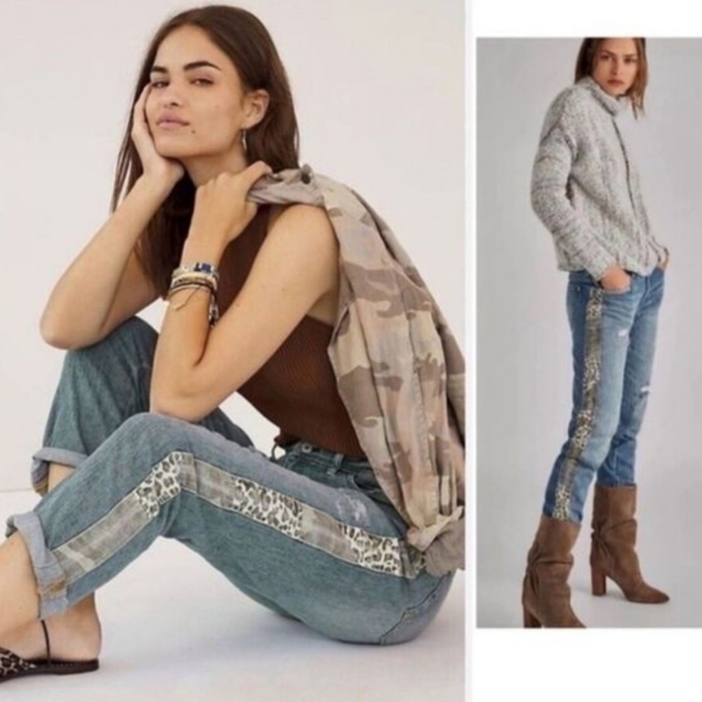 Pilcro & The Letterpress Slim Boyfriend Jeans Animal Print Camo Tuxedo Stripe‎